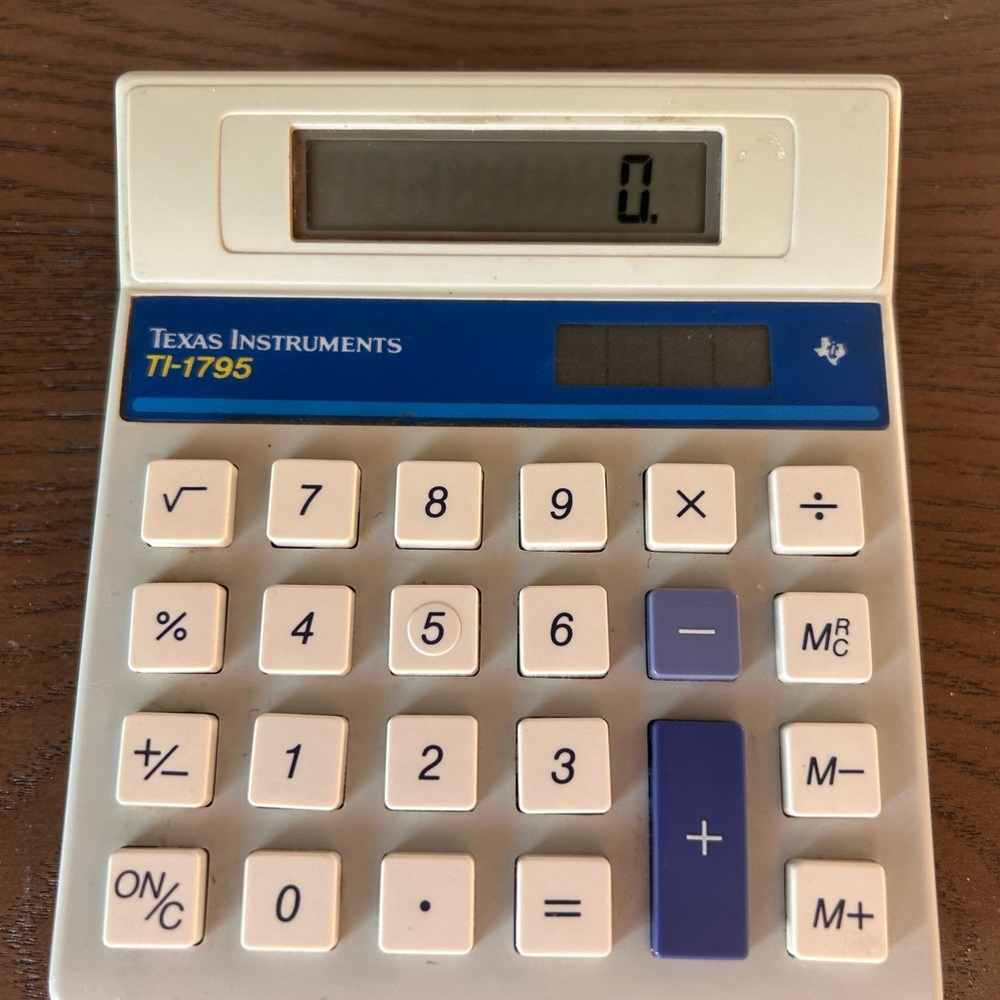 Texas Instruments White and Blue TI-1795 Solar Desktop Calculator